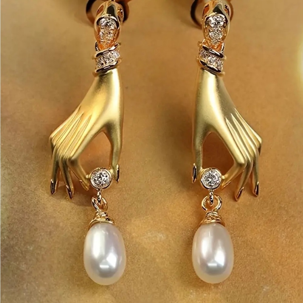 Golden Hand Pearl Drop Earrings